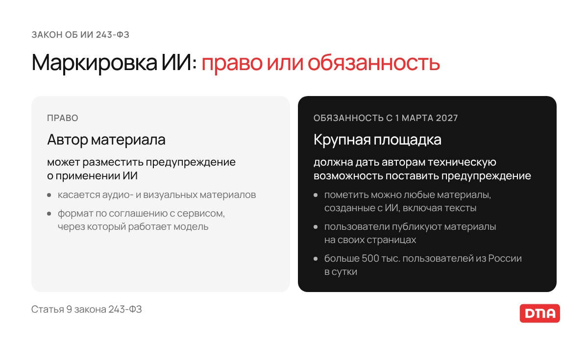 Маркировка ИИ-контента по закону 243-ФЗ: у автора право, у площадки больше 500 тыс. пользователей в сутки обязанность с 1 марта 2027 года
